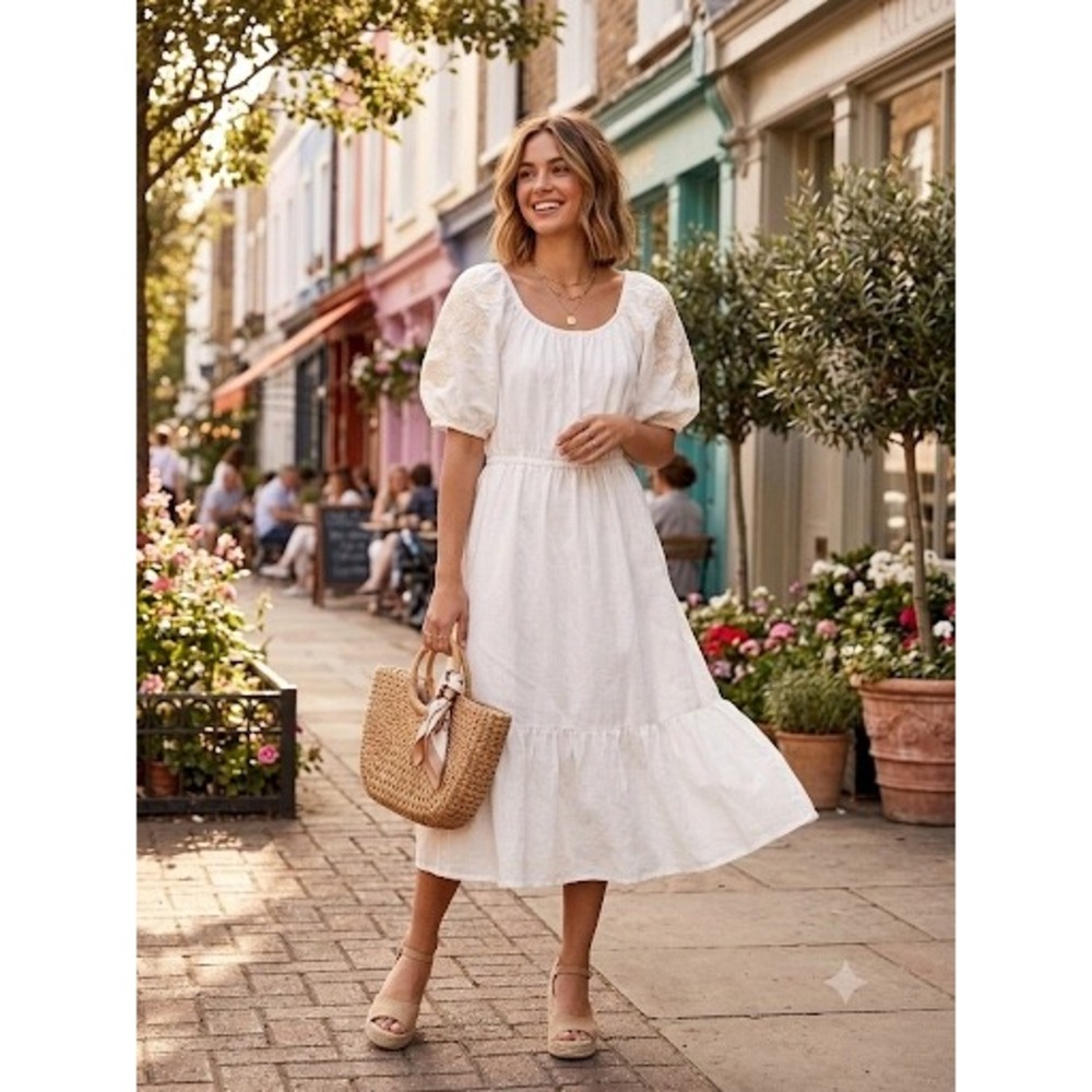 Knox Rose White Embroidered Puff Sleeve Tiered Midi Dress Boho Cottagecore M